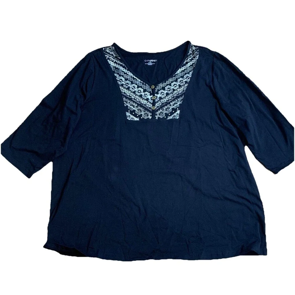 Catherine’s Knit Top 1X Black 3/4 Sleeve Embellished V-Neck Tunic